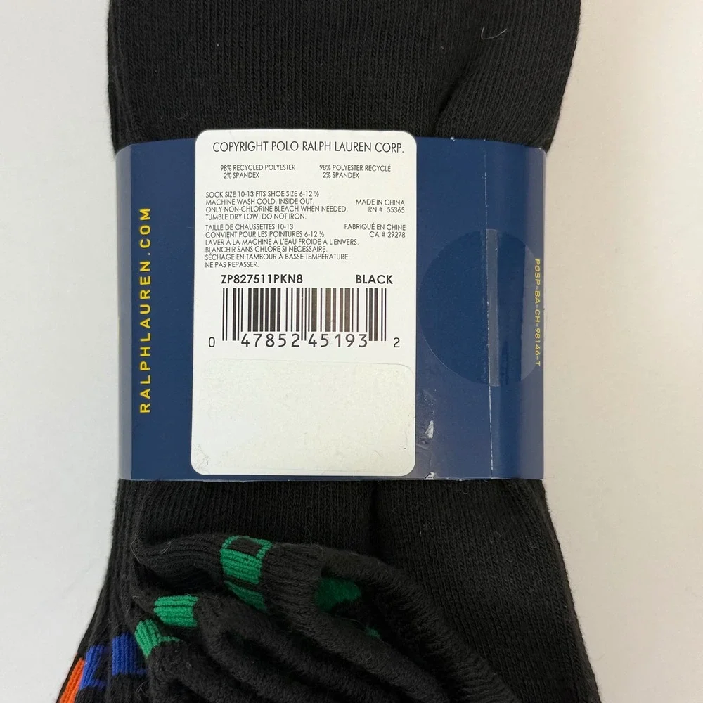 Polo Ralph Lauren Mens 8 Pair Crew Socks Black Multi Color Stripe ZP827511PKN8
